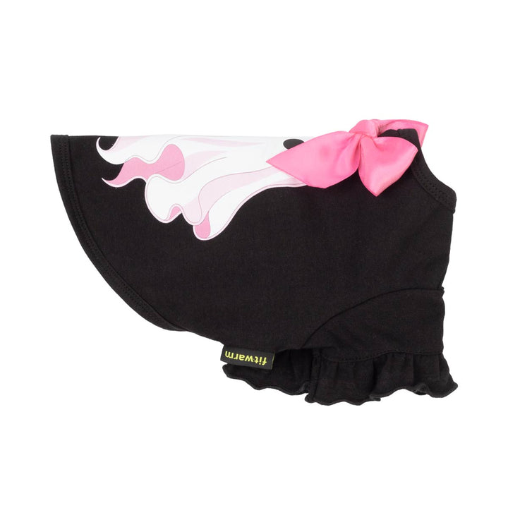 Side view of dog Halloween tshirt with a pink and white ghost with a large pink bow, and a ruffled hem, shown on a white background