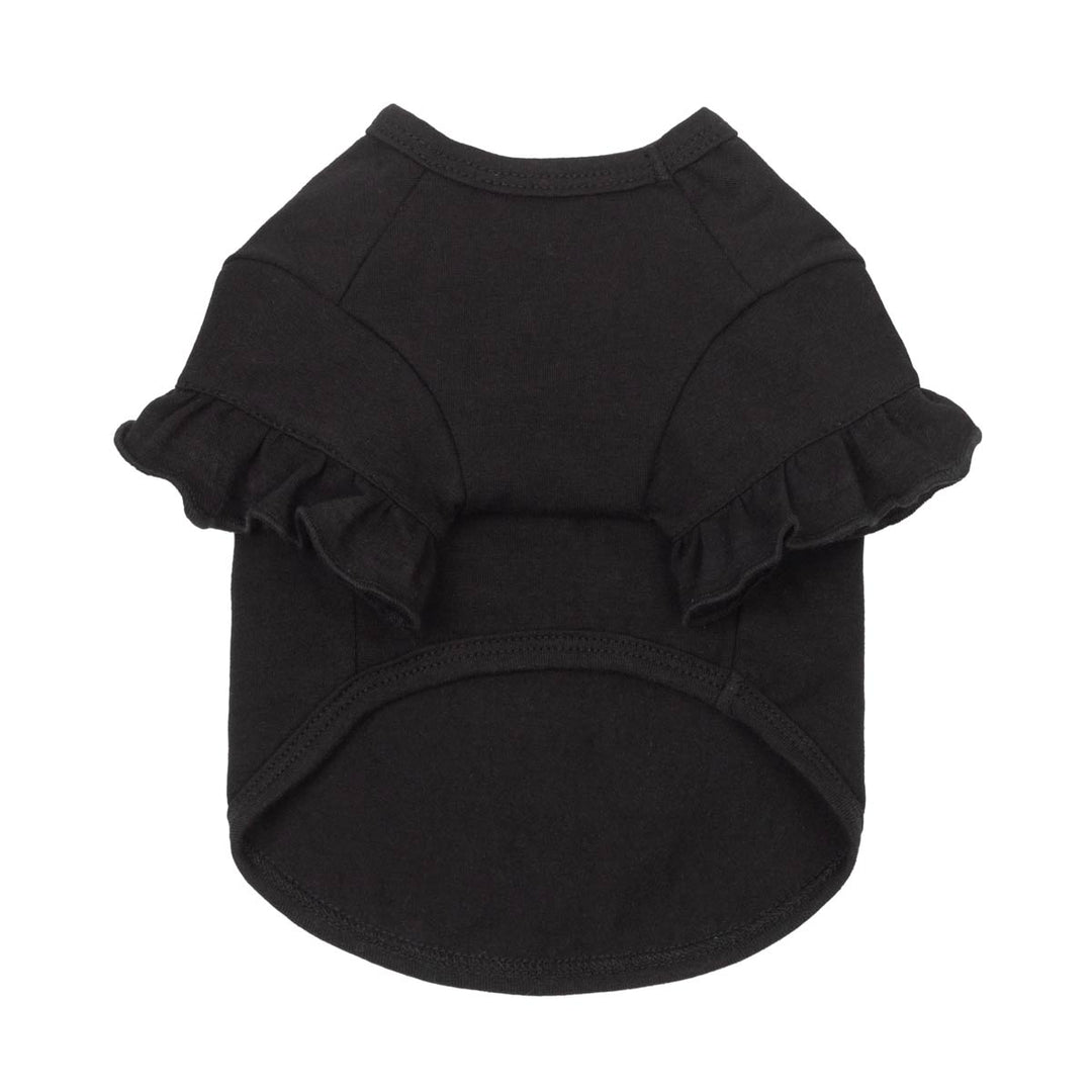 Black dog Halloween tshirt with ruffled sleeves, shown from the back on a plain white background