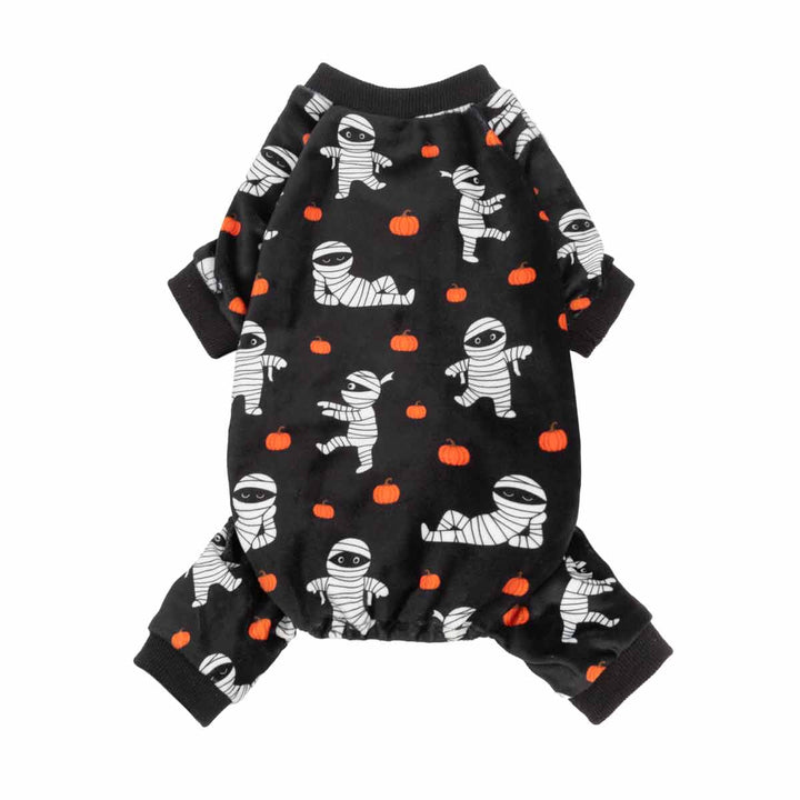 Black dog pjs with a Halloween mummy and pumpkin print, shown flat on a white background