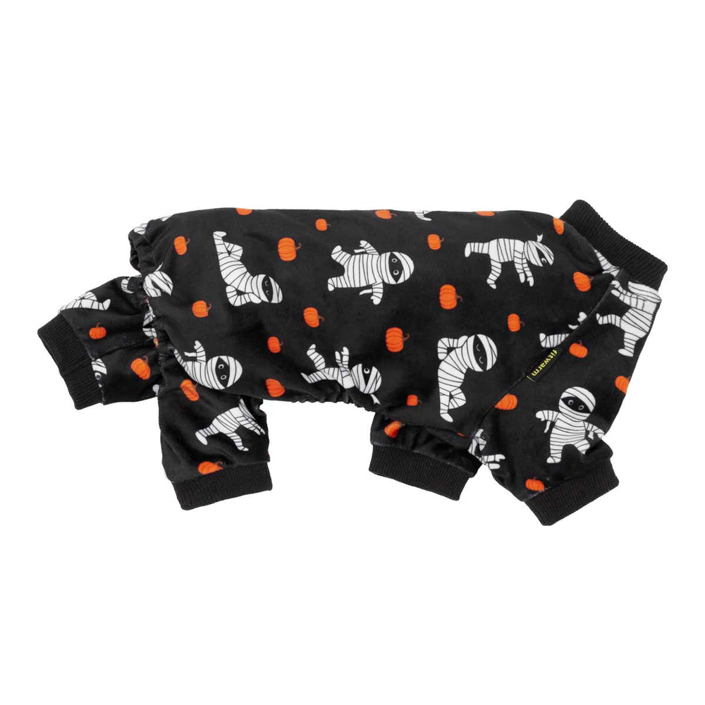 Spooky dog Halloween onesie with a white and orange mummy and pumpkin pattern, shown on a plain white background