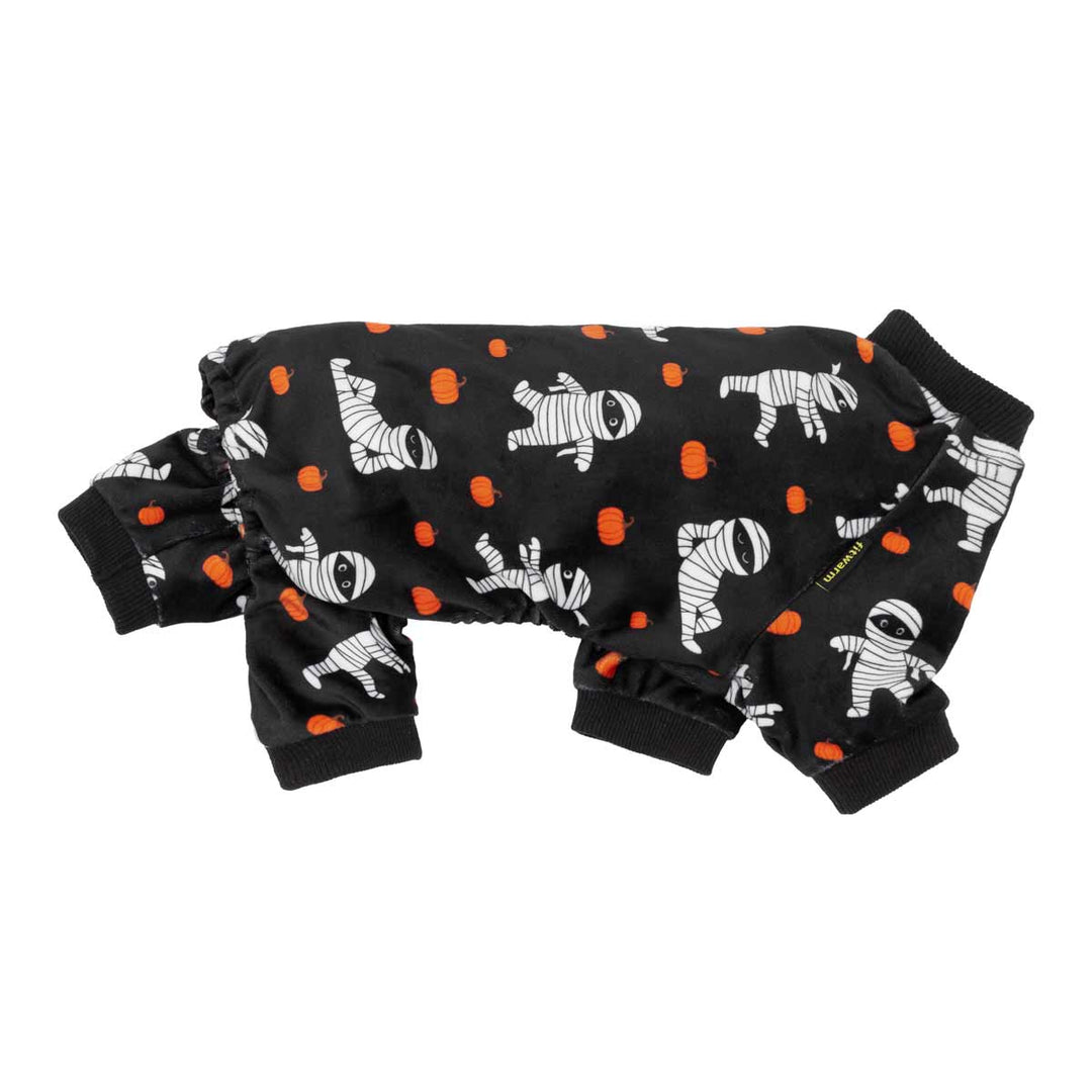 Spooky dog Halloween onesie with a white and orange mummy and pumpkin pattern, shown on a plain white background