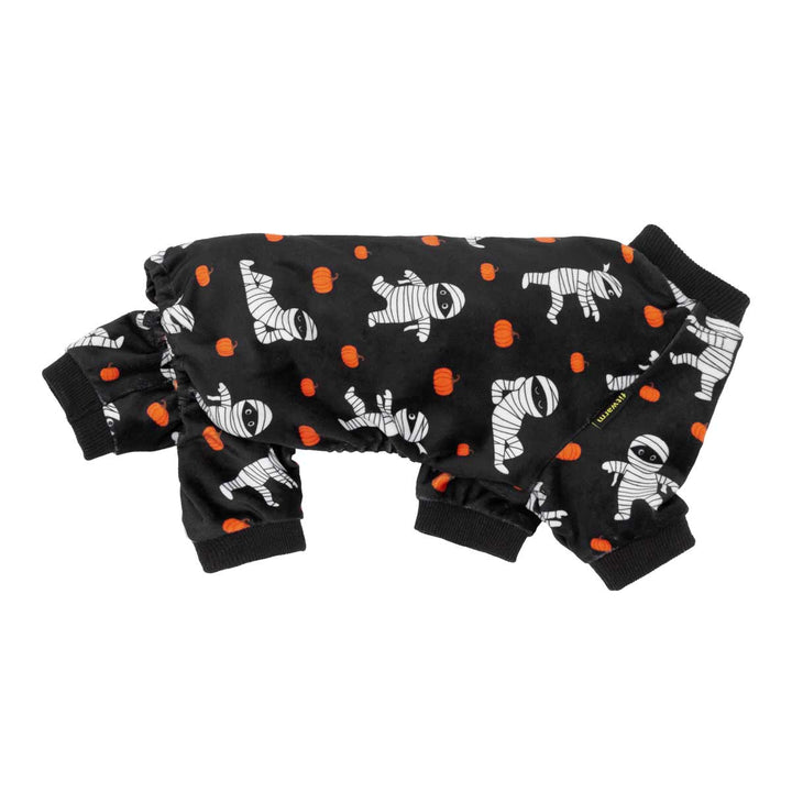 Spooky dog Halloween onesie with a white and orange mummy and pumpkin pattern, shown on a plain white background