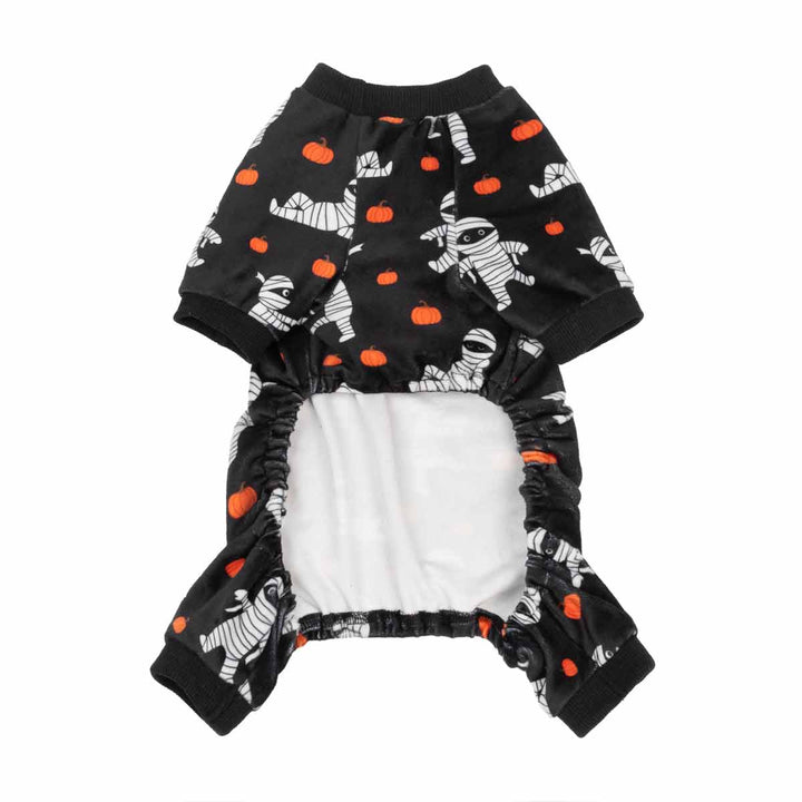 Halloween pajamas with mummy and pumpkin prints, featuring a white elastic waist and a white inner lining, shown against a plain white background