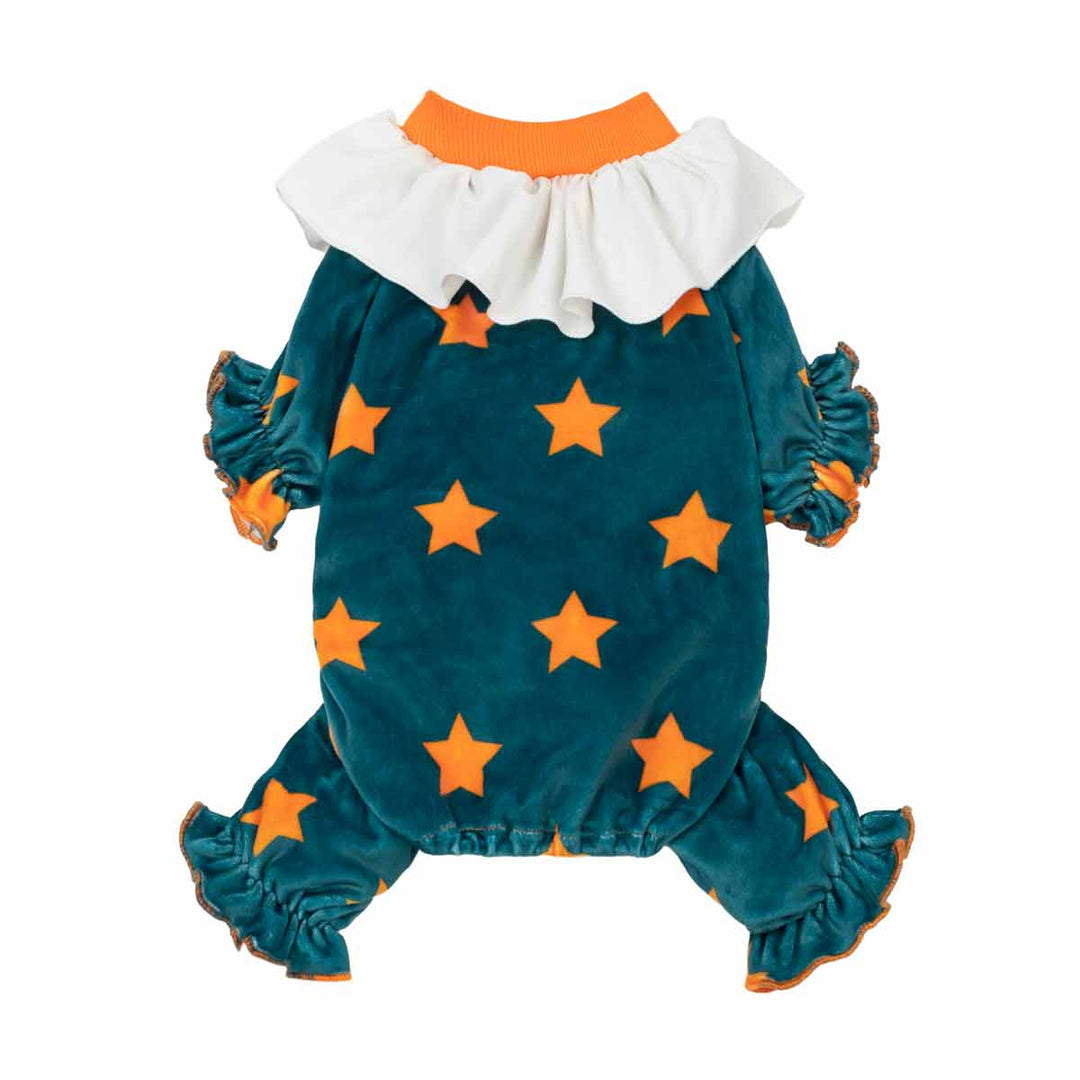 Spooky clown dog Halloween costume with orange star prints