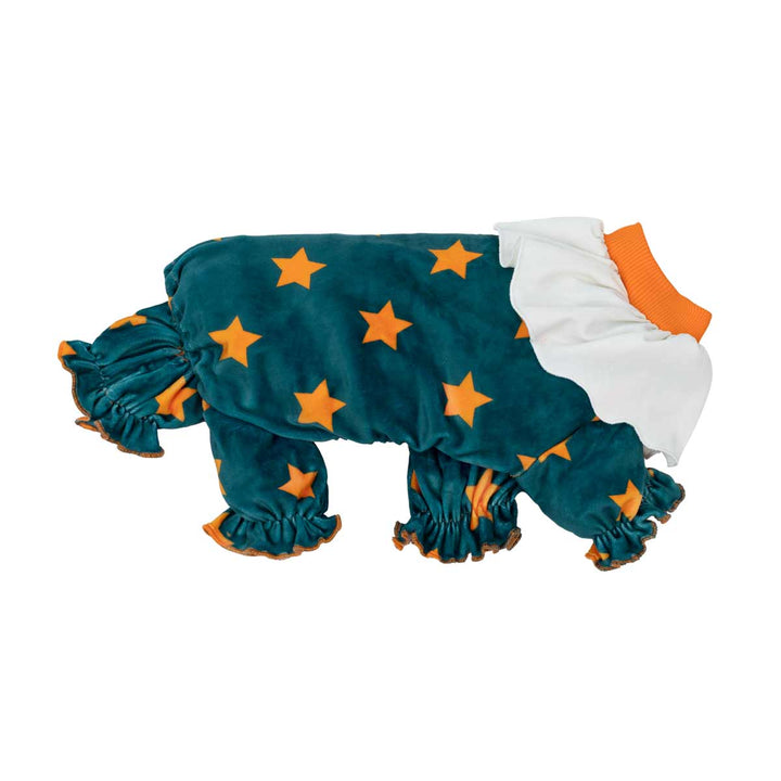 Side view of hilarious clown theme dog costumes