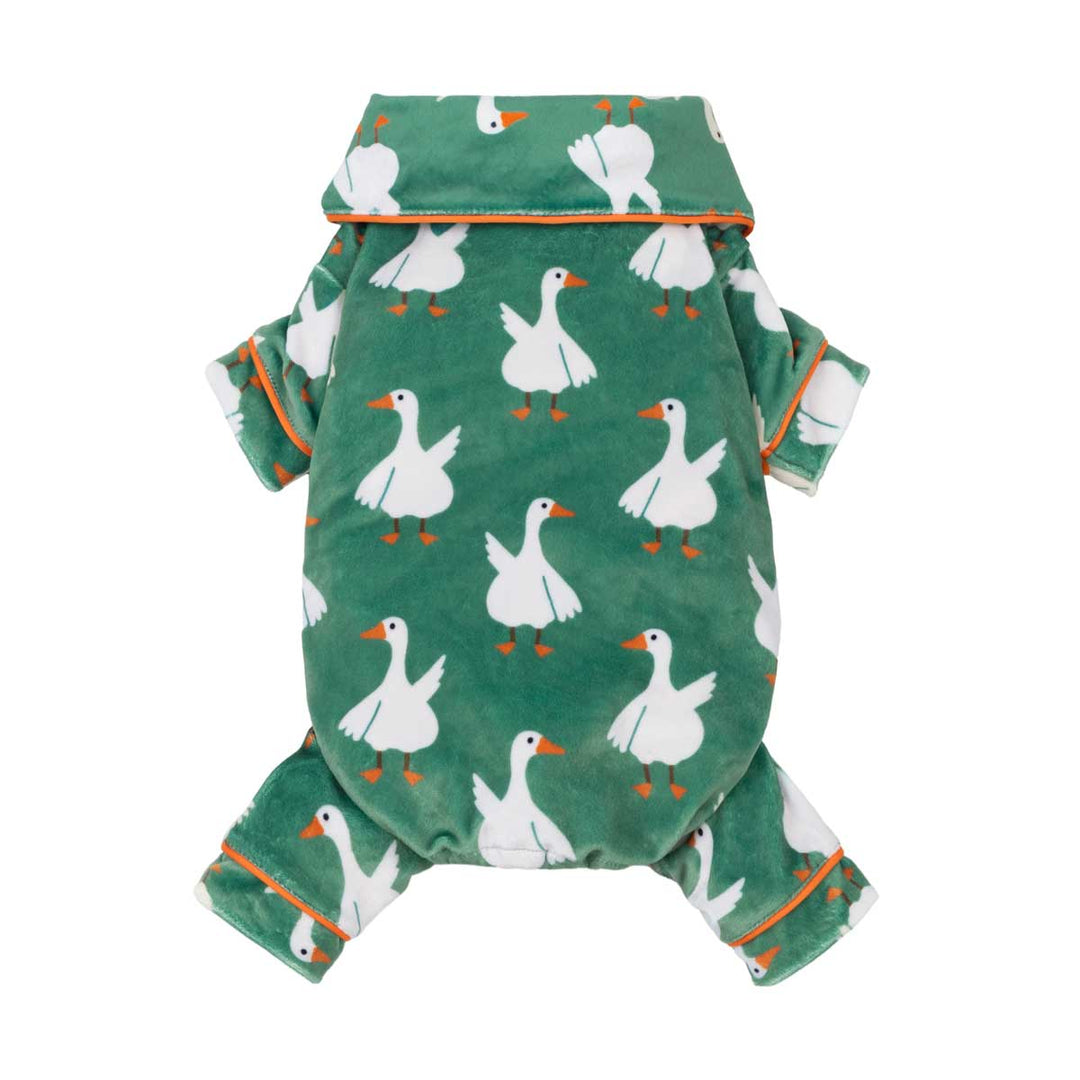 Cozy dog pjs with adorable duck prints and collared neck design