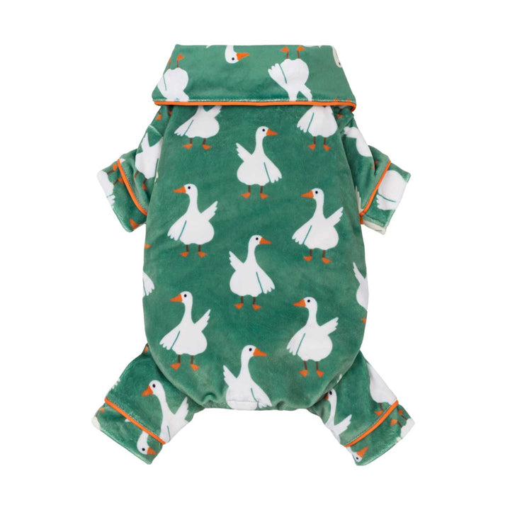 Cozy dog pjs with adorable duck prints and collared neck design