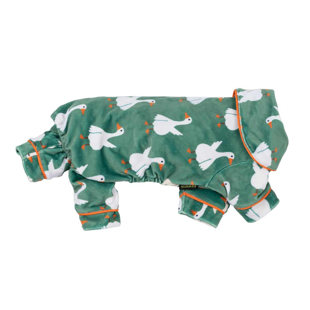Side view of funny duck prints dog onesie