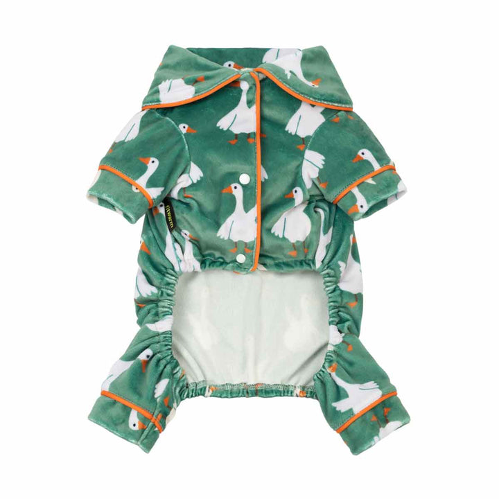 Cozy pajamas for dogs with cadigan, collared neck design and cute white duck prints