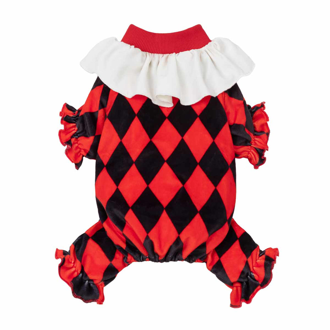 Clown dog costume with a red and black harlequin diamond pattern, featuring a white ruffled collar and red ruffled trim details