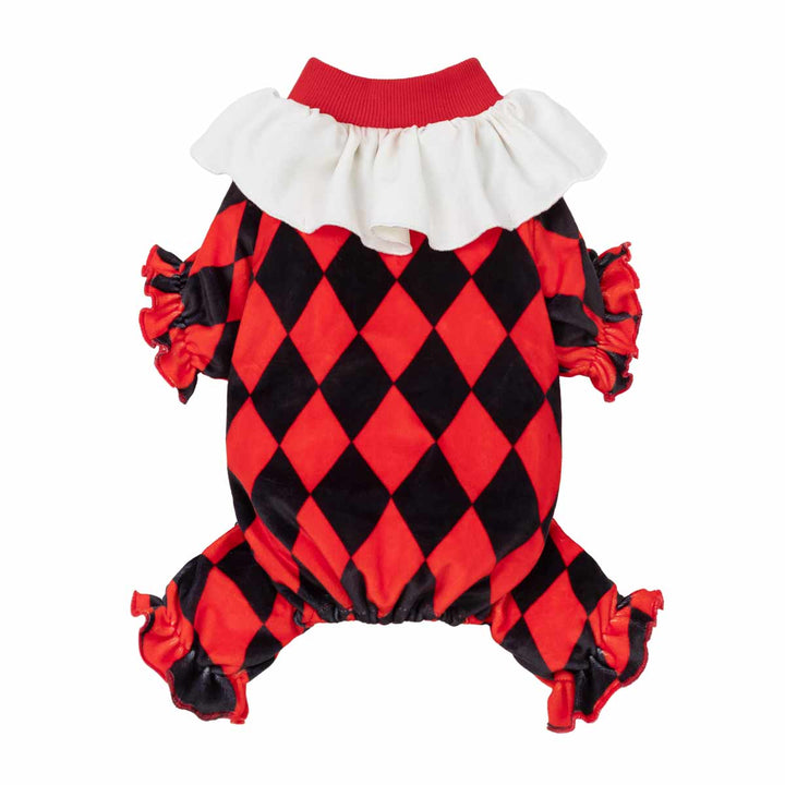 Clown dog costume with a red and black harlequin diamond pattern, featuring a white ruffled collar and red ruffled trim details