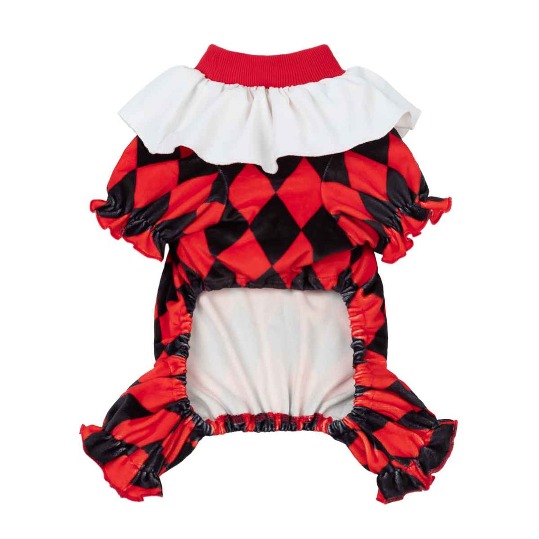 Halloween costume for dogs with a red and black harlequin diamond pattern, featuring a large white ruffled collar