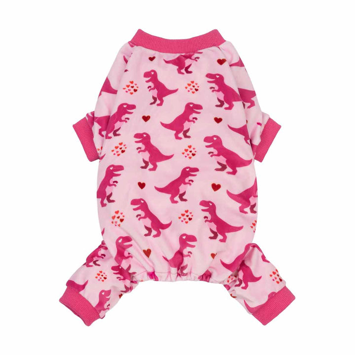 Funny dog pajamas designed with heart-eyed dinosaur prints