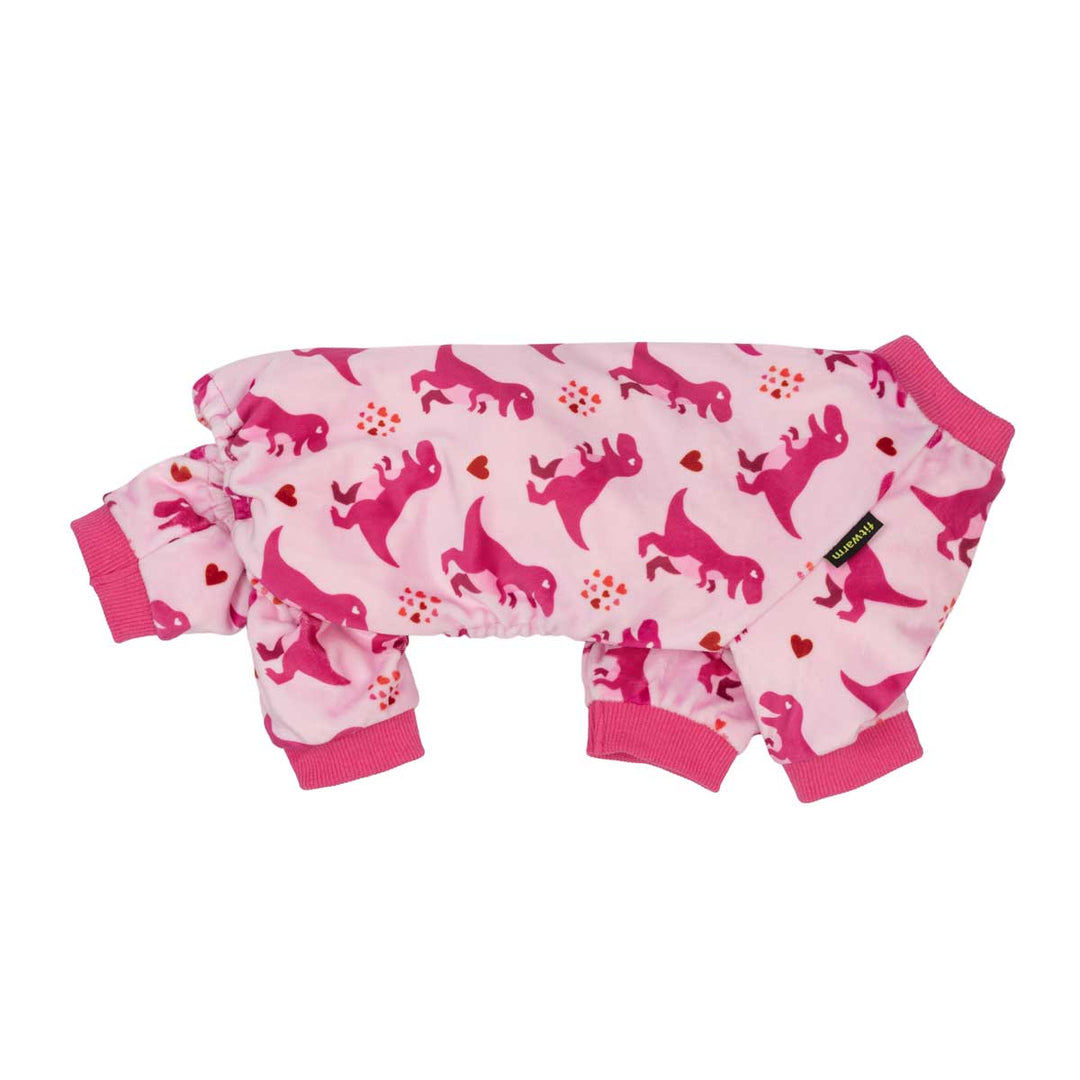 Side view of playful dinosaur prints pajamas for dogs