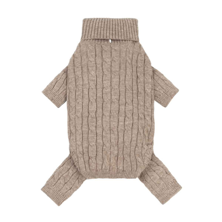 Beige twist knit sweater for dogs with a mock neck, short sleeves, and leg openings, shown flat on a white background