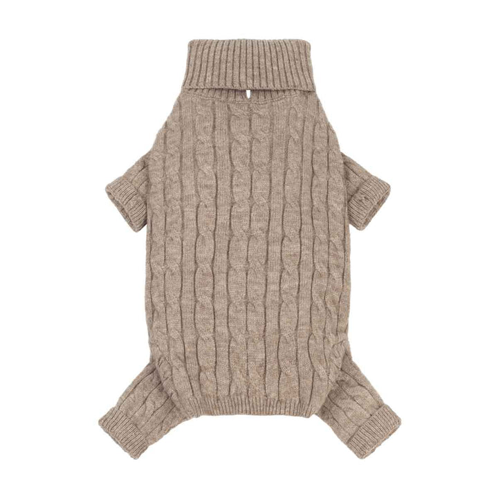 Beige dog knitted sweater with a mock neck, short sleeves, and ribbed cuffs and hem, shown flat on a white background
