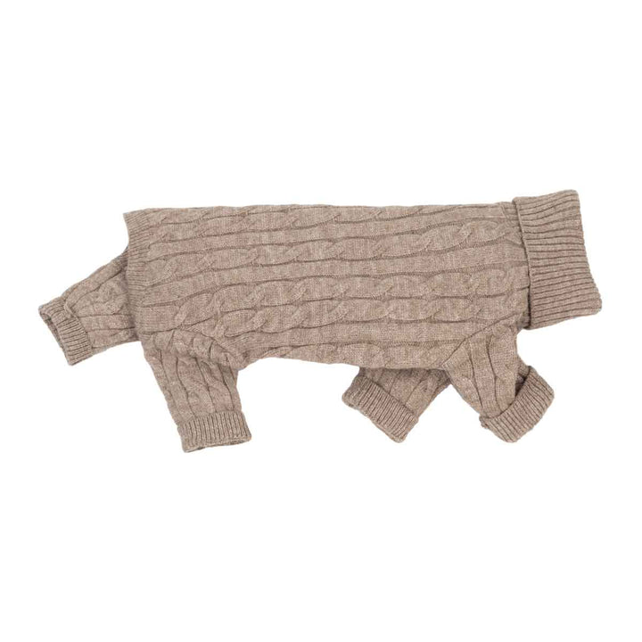 Twist knit dog winter sweater in a beige color, shown from a side profile on a plain white background