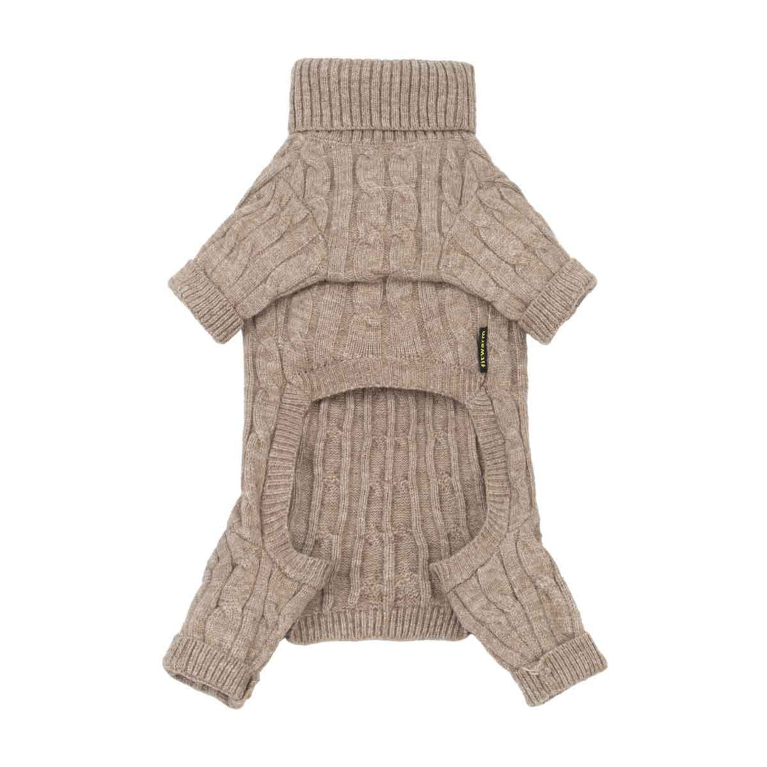 Beige dog turtleneck sweater with short sleeves, and a rear opening, shown flat on a white background