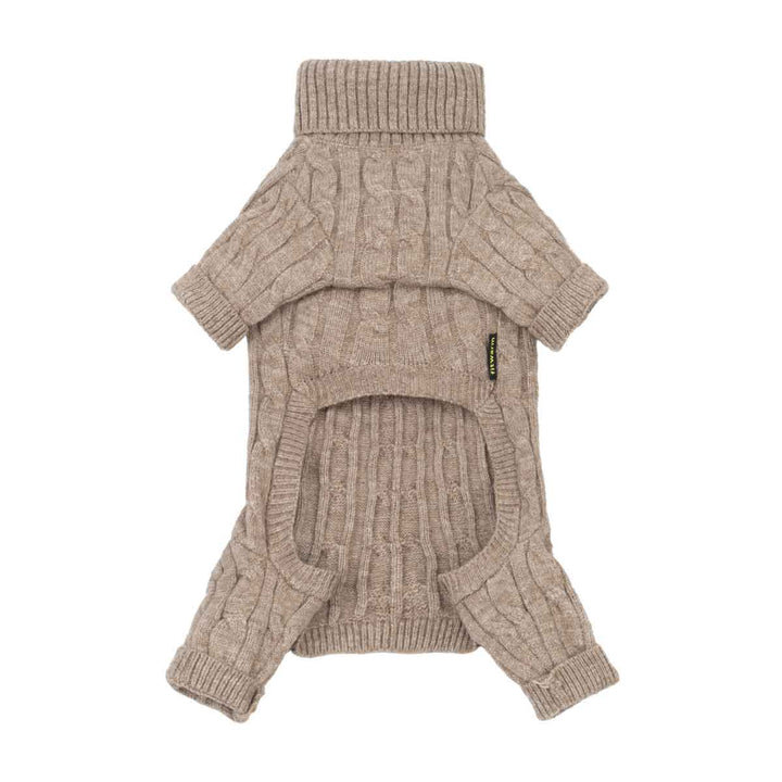 Beige dog turtleneck sweater with short sleeves, and a rear opening, shown flat on a white background