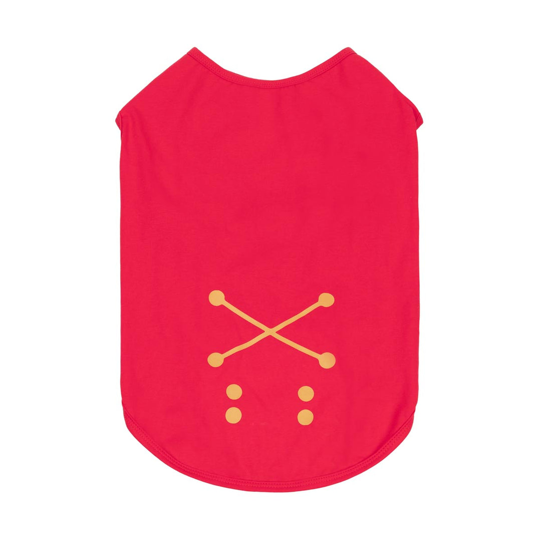 Bright red Halloween costume for dogs with a yellow crossed corduroy-style trim and yellow buttons on the front, shown against a plain white background