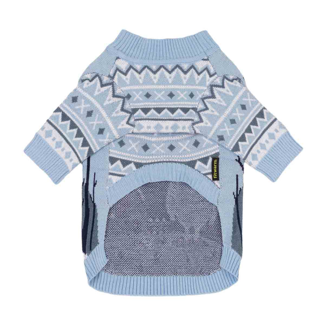 Cozy light blue dog winter sweater with a white and gray Fair Isle pattern on the upper body, long sleeves, and a gray mesh front panel, shown on a plain white background
