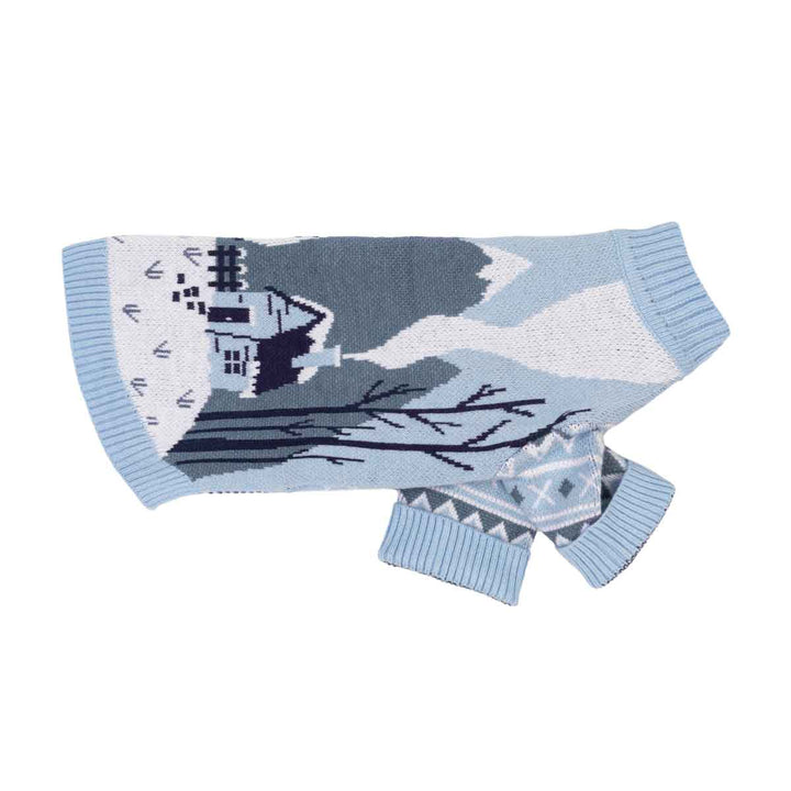 Winter dog knitted sweater with a winter landscape design in shades of light blue, navy, and white, featuring a house, trees, and snow patterns