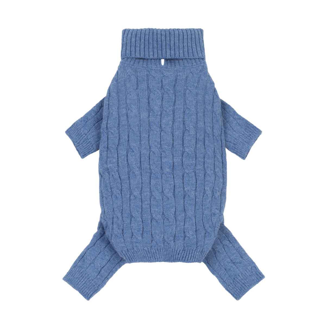 Blue cable-knit sweater for dogs with a turtleneck collar and four legs, shown flat on a white background