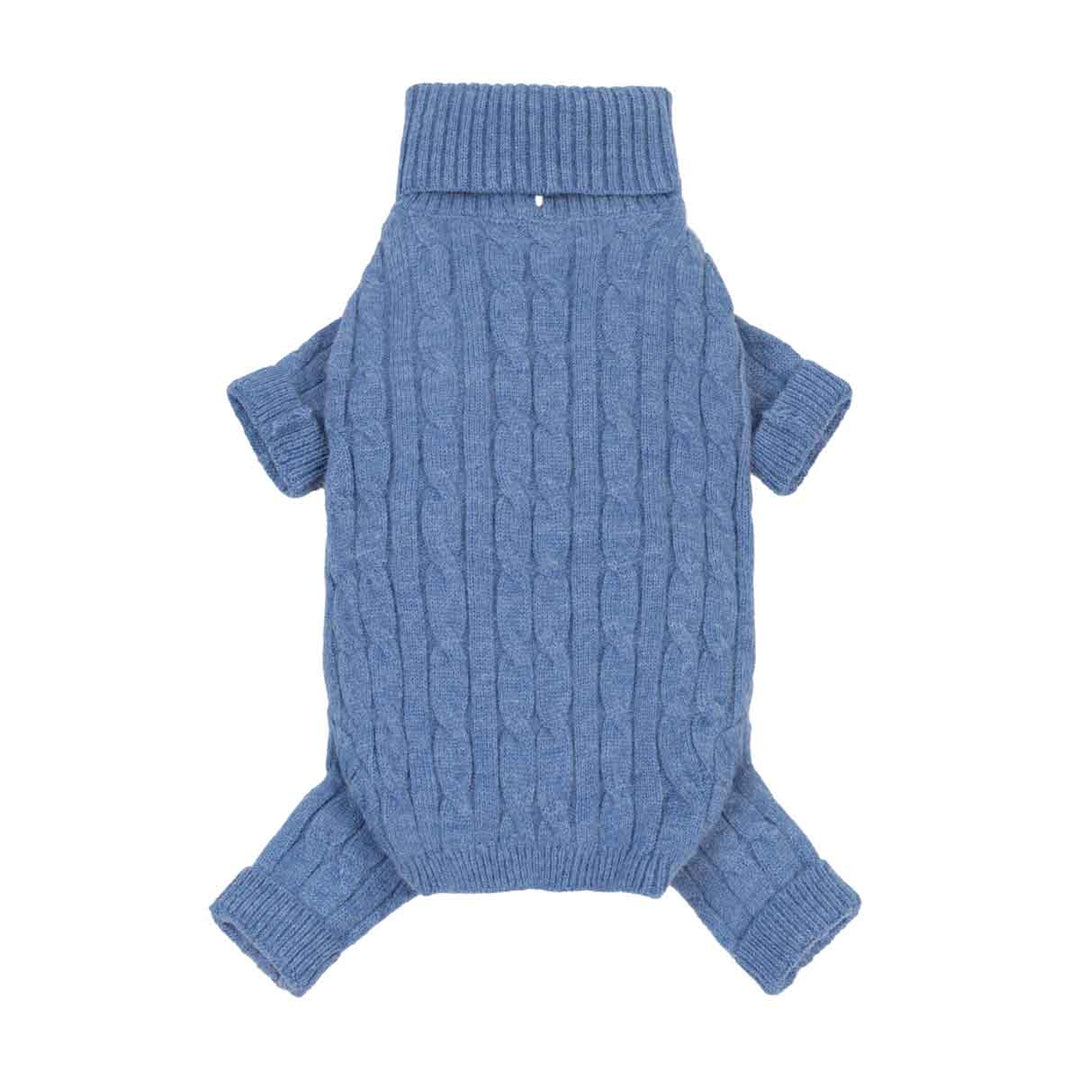 Turtleneck dog knitted sweater with short sleeves, laid flat on a white background