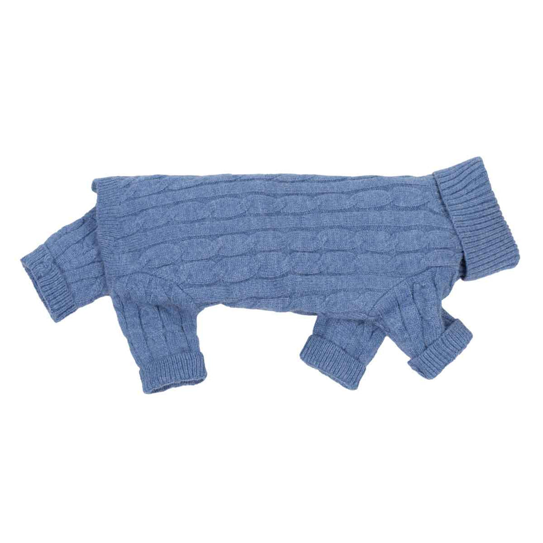 Side view of dog turtleneck sweater with long legs and ribbed cuffs, shown flat against a plain white background