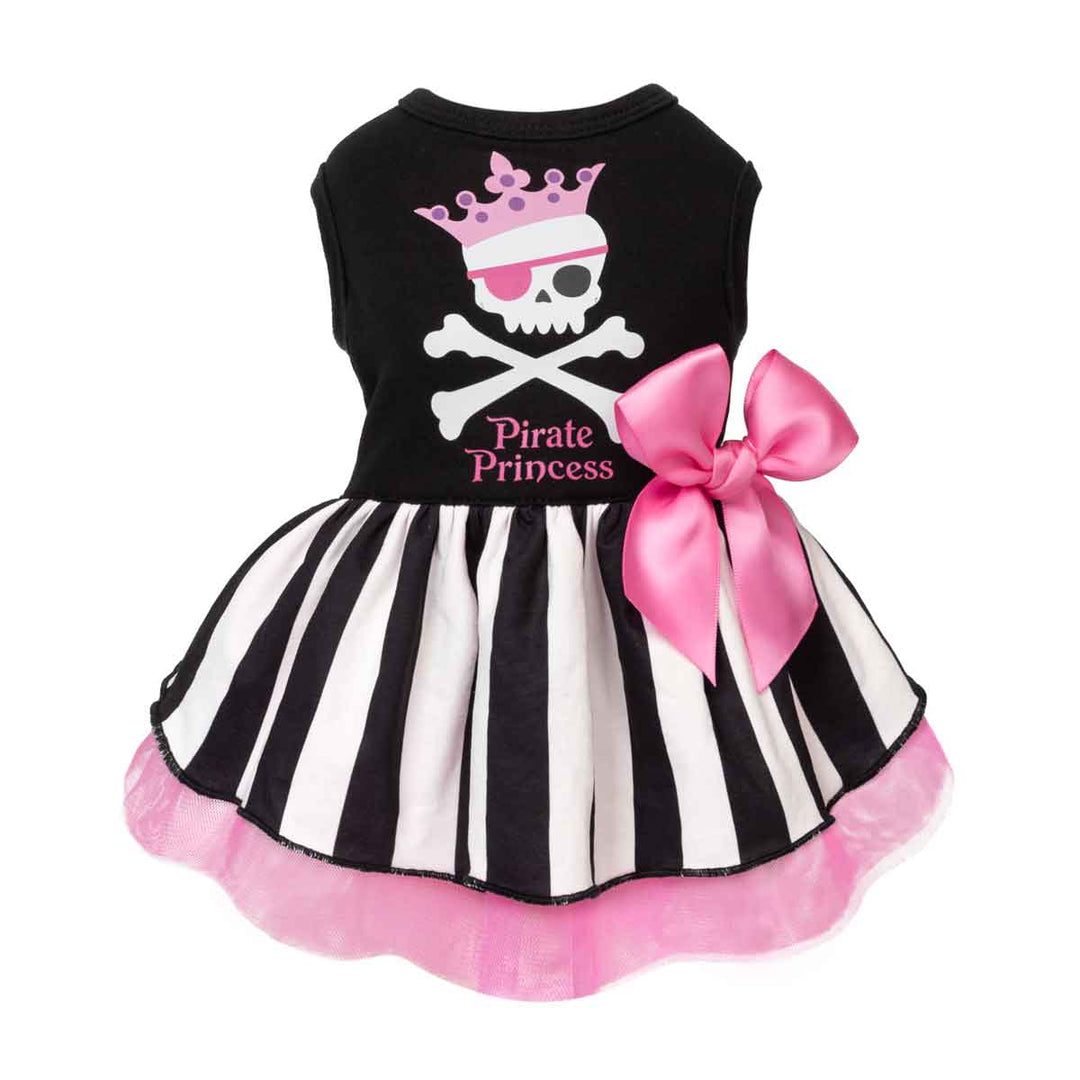 Halloween dress for dogs with a black top featuring a skull and crossbones pirate graphic with pink crown