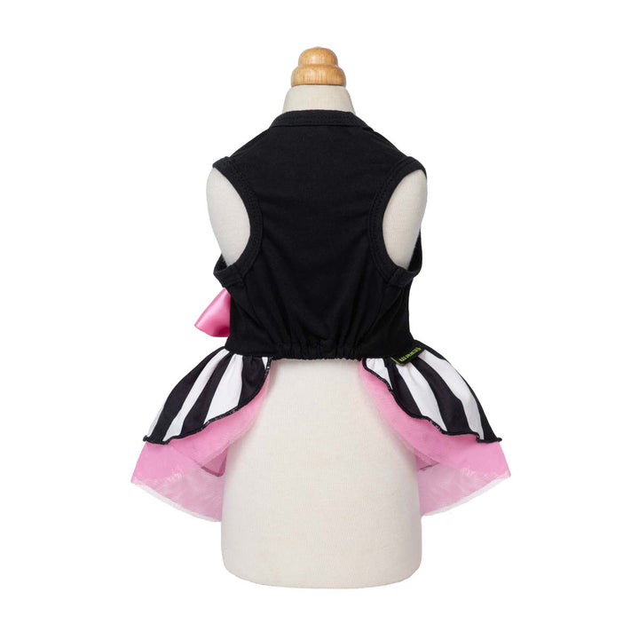 Sleeveless Halloween dog tutu displayed on a cream-colored mannequin torso, showing the back view