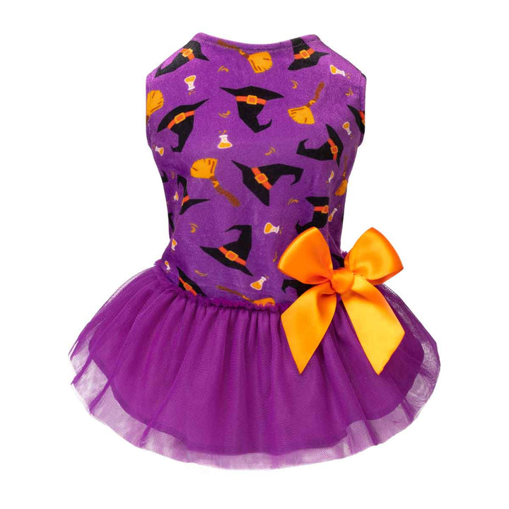 Purple sleeveless dress for toddlers or girls, featuring a Halloween-themed print of witch hats, brooms, and orange pumpkins on the top, with a layered purple tulle skirt and a large orange bow at the back waist