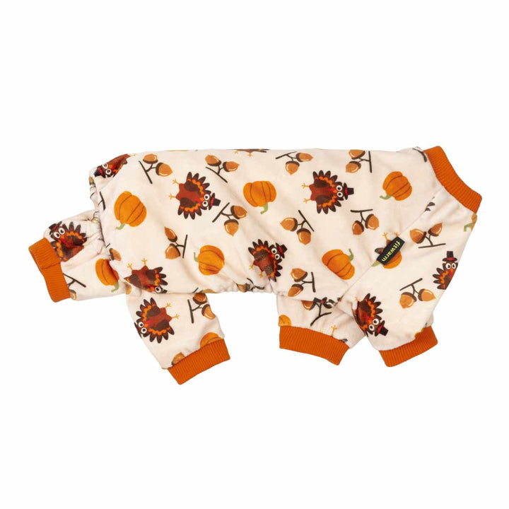 Thanksgiving dog pajamas in velvet with turkey and pumpkin print. Cozy onesie for small dogs