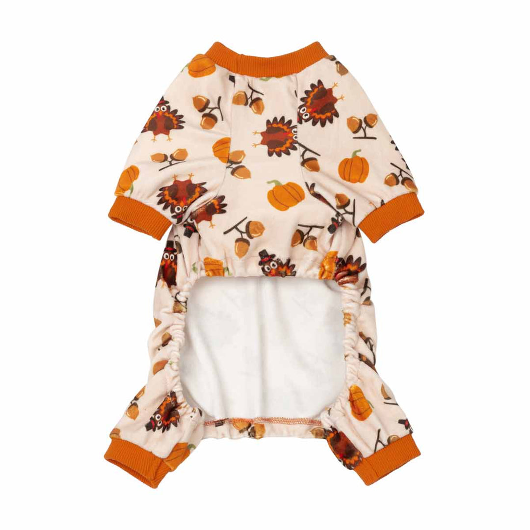 Thanksgiving dog pajamas in velvet, featuring turkey and pumpkin print, cozy onesie for small dogs