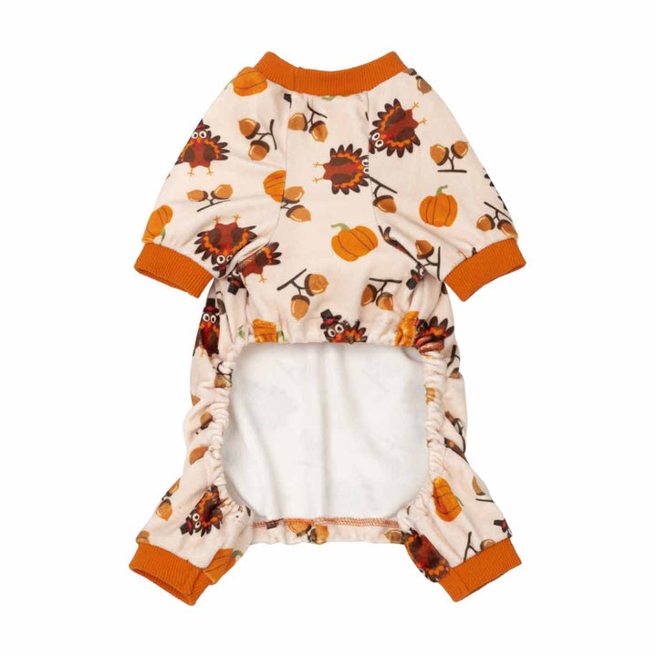 Thanksgiving dog pajamas in velvet, featuring turkey and pumpkin print, cozy onesie for small dogs