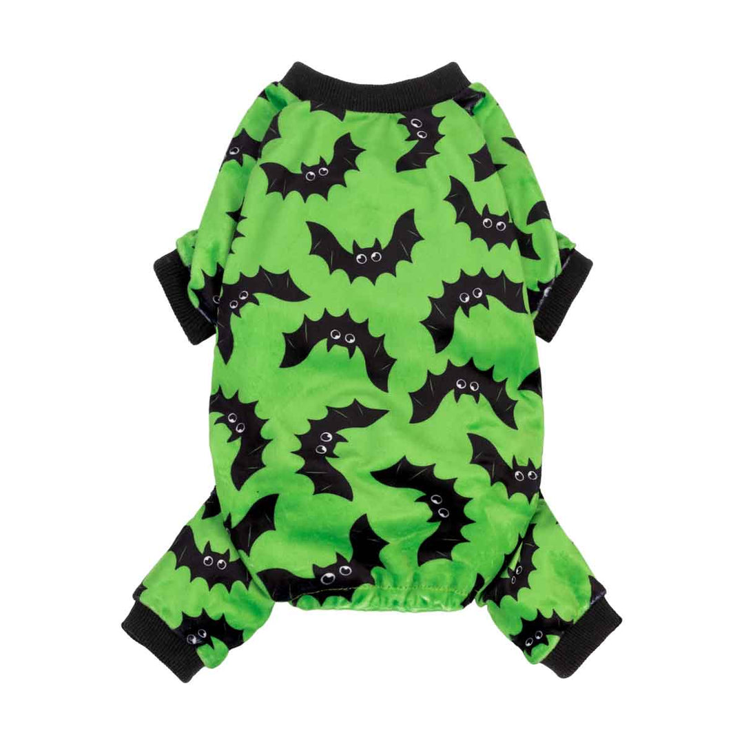 Vibrant green fleece dog pajamas with black cartoon bat print, ribbed cuffs, perfect for Halloween.