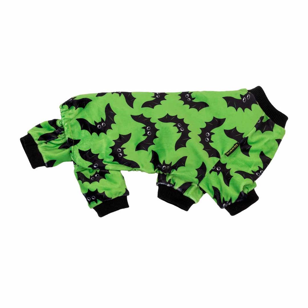 Plush lime green dog pajamas with playful black cartoon bat prints, stretchy ribbed cuffs, ideal Halloween dog outfit.