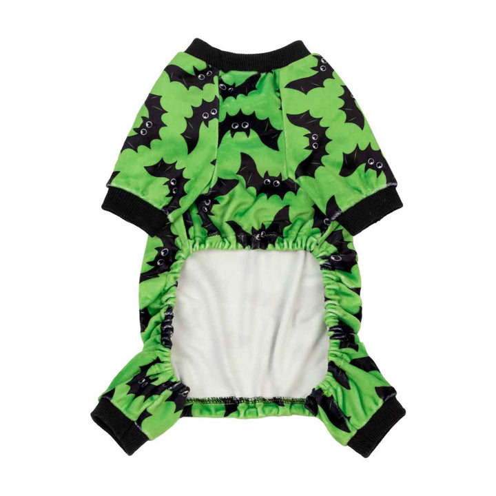 Lime green fleece dog onesie with scary black bat prints, ribbed cuffs, ideal for Halloween.