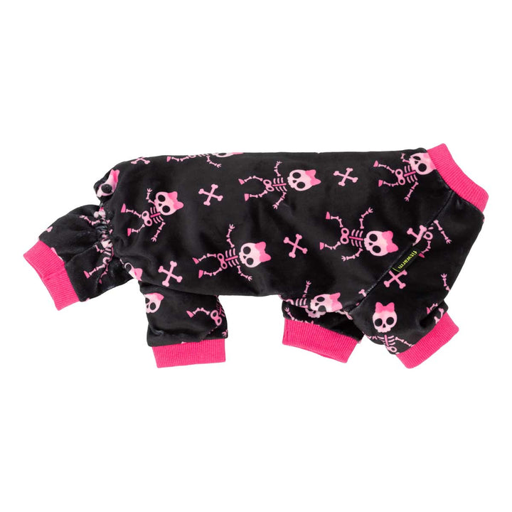 Black pajamas for dogs with a pink and white skeleton pattern, featuring bright pink ribbed cuffs and collar, shown on a plain white background