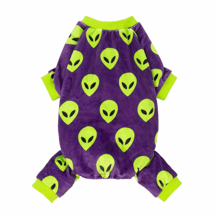 Purple dog pjs with spooky green alien head pattern and bright lime green trim on the collar, cuffs, and ankles