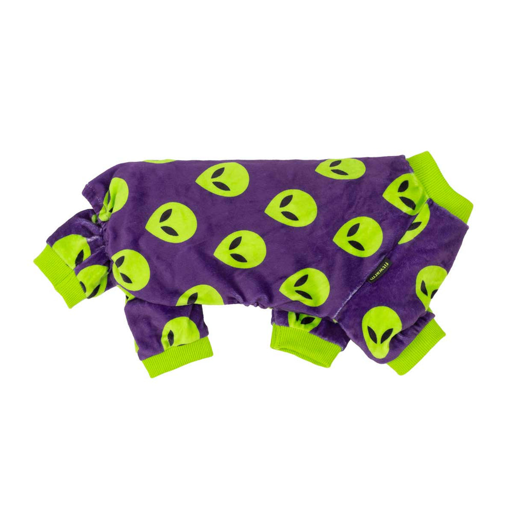 Side view of Halloween pajamas for dogs with spooky alien prints