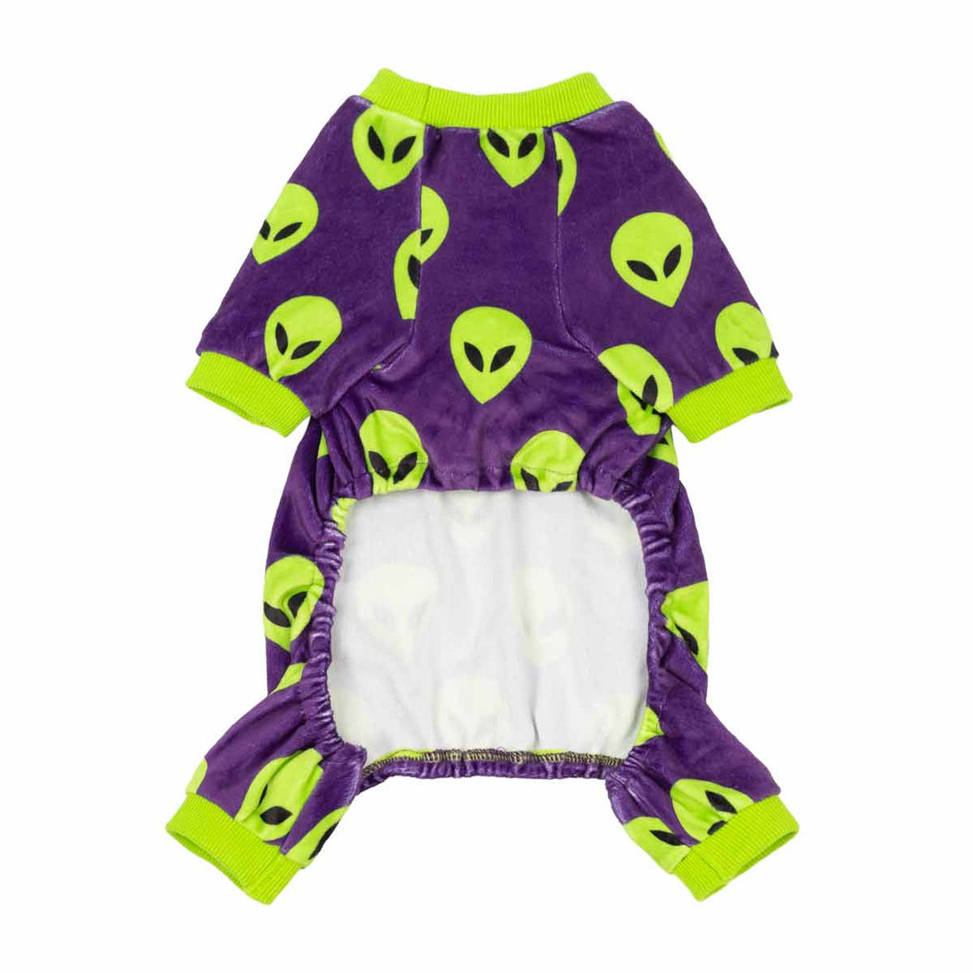 A purple dog jumpsuit with a neon green alien pattern and a white fleece lining, shown flat on a white background