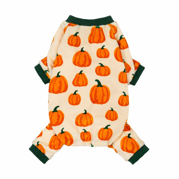 Cozy Pumpkin Dog Pajamas featuring an allover orange pumpkin print and green cuffs, perfect for fall and Thanksgiving.