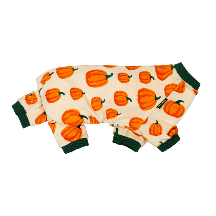 Cozy dog pajamas with an allover orange pumpkin print and green cuffs.