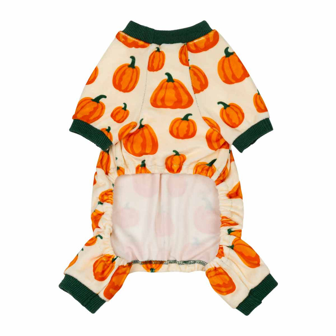 Cozy dog pajamas with allover orange pumpkin print and green cuffs