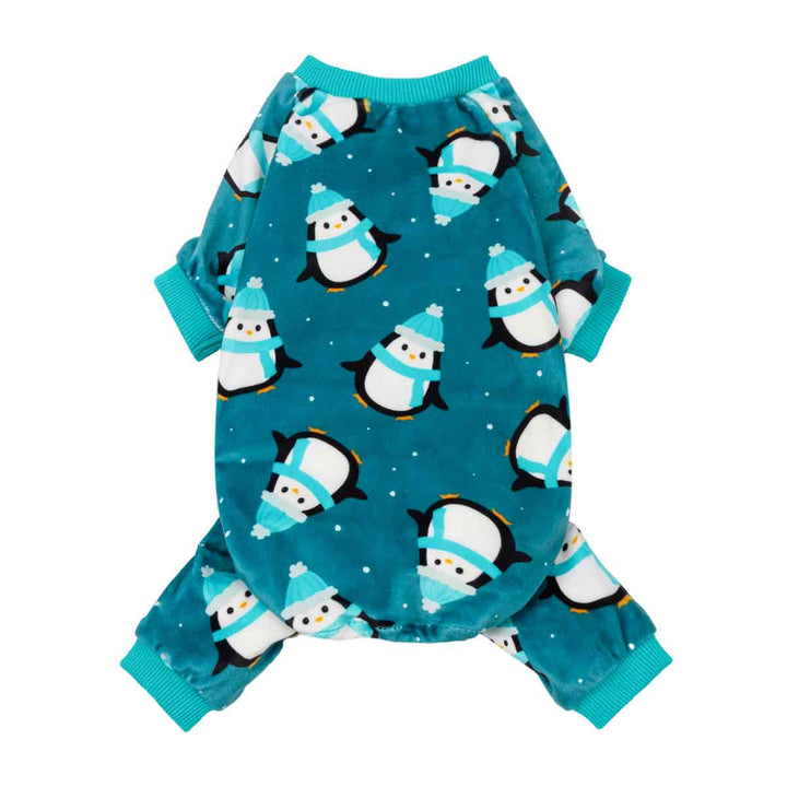 Penguin dog pajamas in teal blue, designed for small dogs, soft and comfortable, with adorable penguin print.