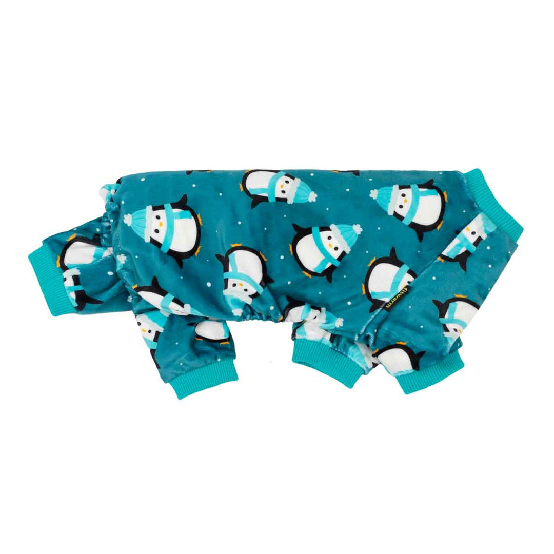 Teal blue penguin dog pajamas onesie for small dogs by Fitwarm. Comfortable, soft onesie with penguin print for cozy nights.