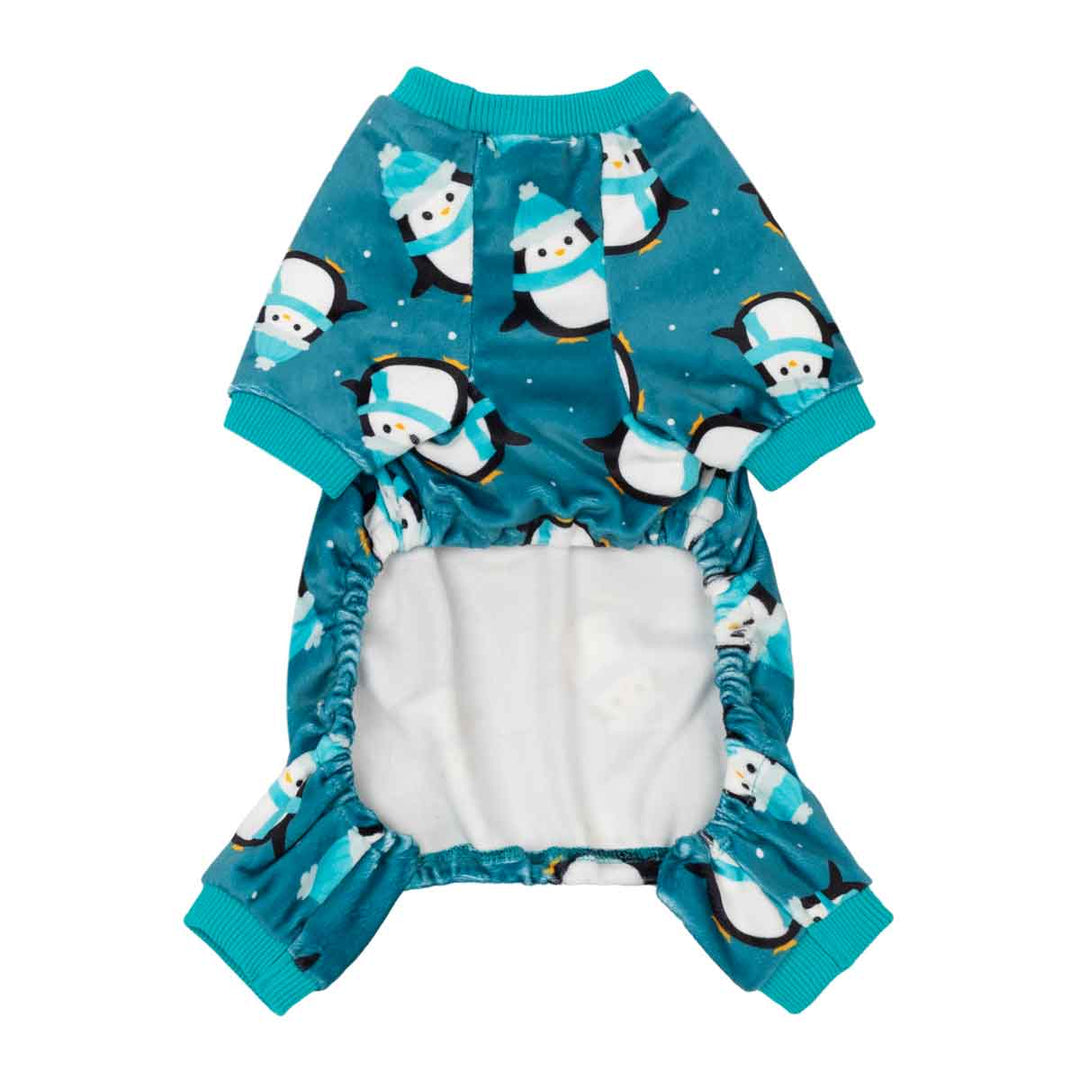 Teal blue penguin dog pajamas for small dogs. Soft, comfortable onesie with penguin print for cozy nights