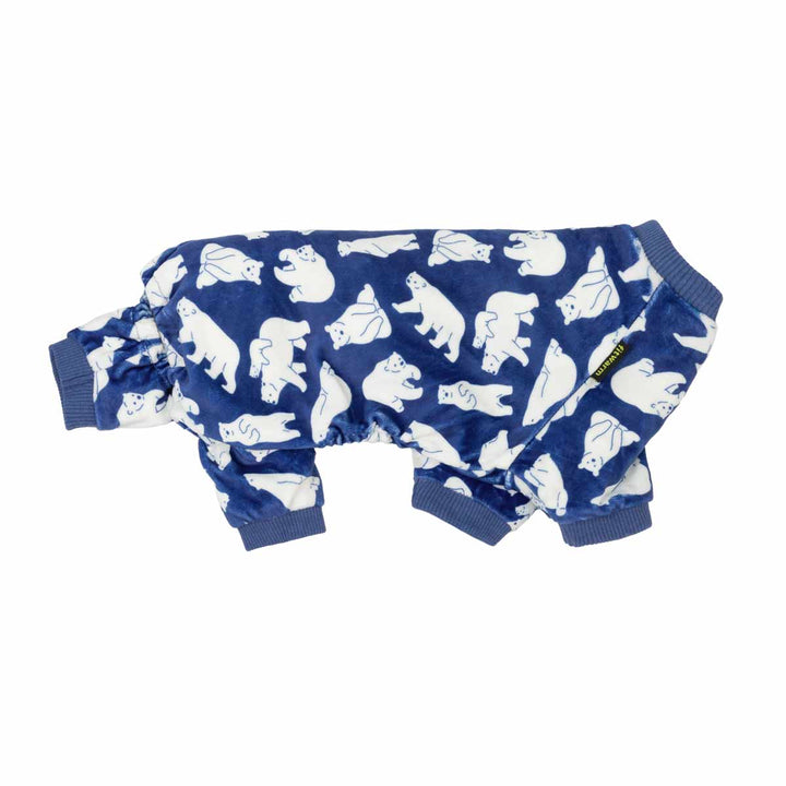 Fitwarm Polar Bear Dog Pajamas in blue velvet. Cozy onesie for small dogs and cats.