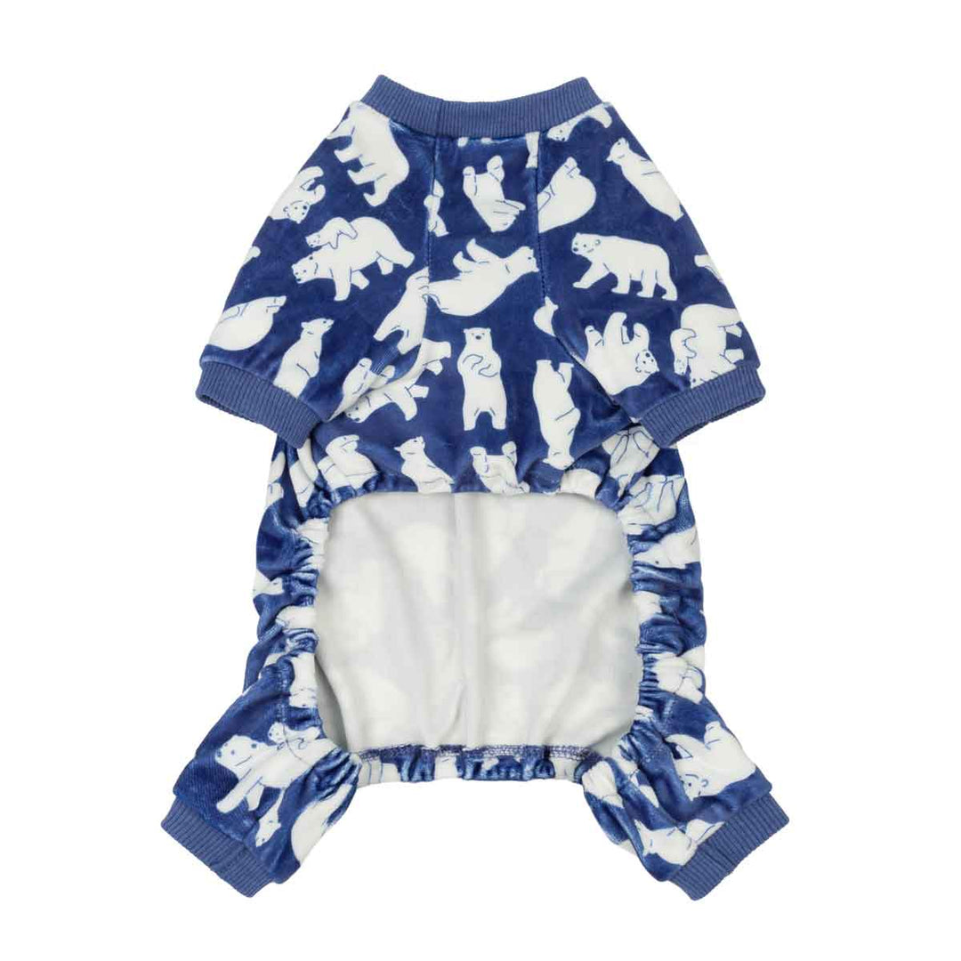 Cozy blue polar bear dog pajamas. Velvet onesie with white polar bear print, perfect for small dogs and cats.